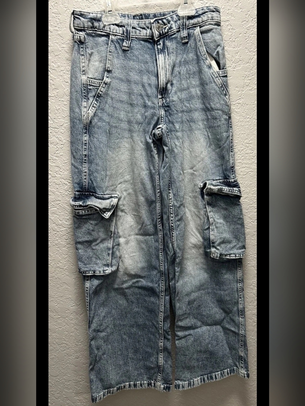 H&M Wide Leg Cargo Jeans W26x29 Light Wash Adjustable Waist Baggy